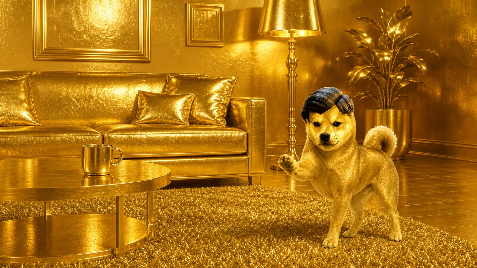Midas Dog in a room made entirely of gold